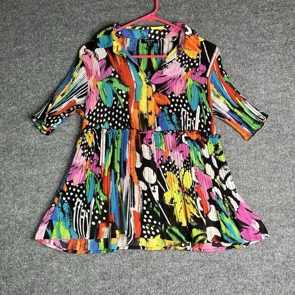 Tops - KRISS Sweden Pleated Tunic‎ Top Sz M Multicolor Abstract Vibrant Button Down Y2K